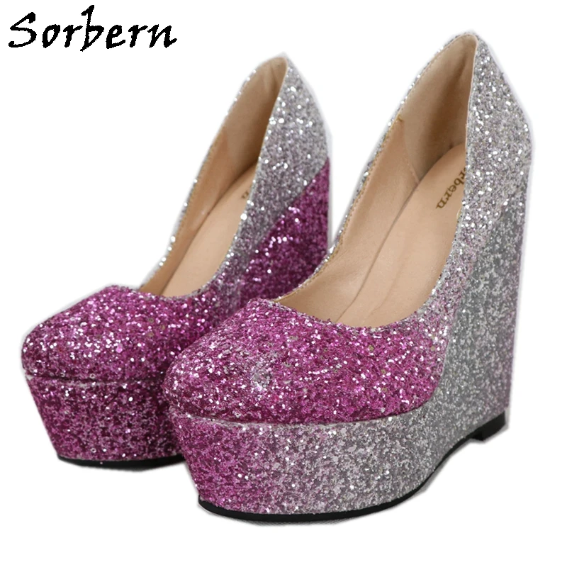 

Sorbern Silver Glitter Women Pump Shoe Wedges Peach Sequins Gradient Slip On Platform Shoes New Wedding Shoes Multi Colors