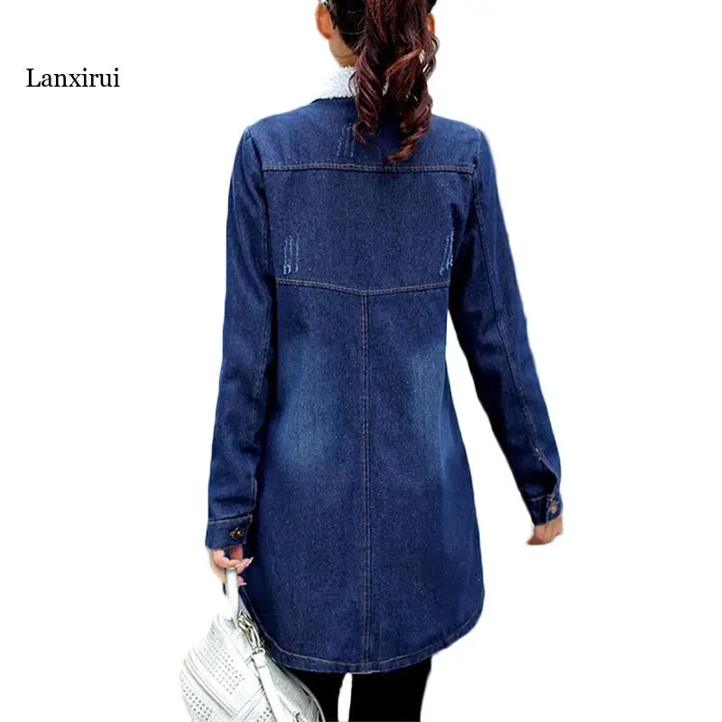 lamb hair Denim Jacket Women New Autumn Winter Plus velvet Thicken Warm Jeans Jackets Women's long  Base coats