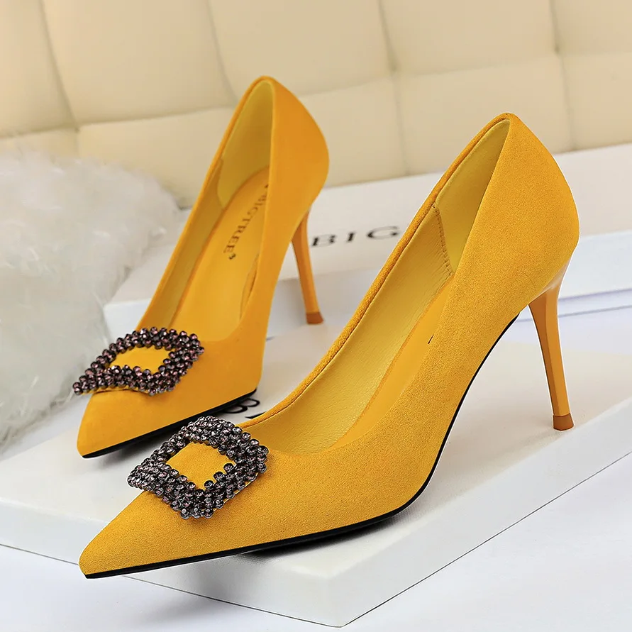 Rhinestone Heels Yellow Shoes Bigtree Shoes Extreme High Heels Stiletto Pointed Top Evening Shoes Black Heels Big Size 43 Buty
