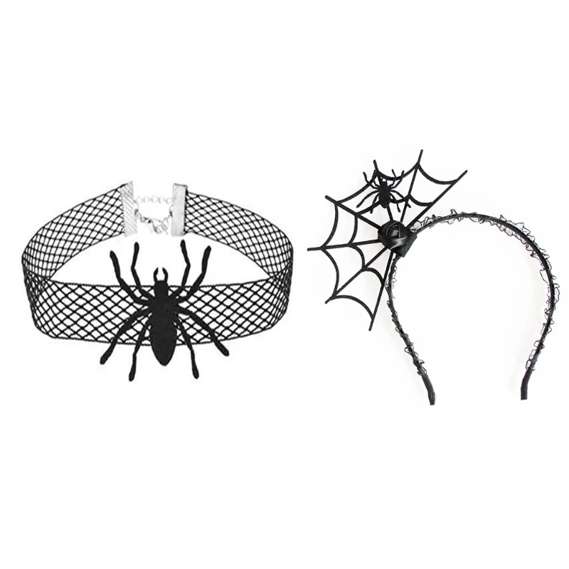 Halloween Headwear Spider Webs Headband Lace Necklace Fancy Dress-up Headpiece for Cosplay Party Novelty Headdress