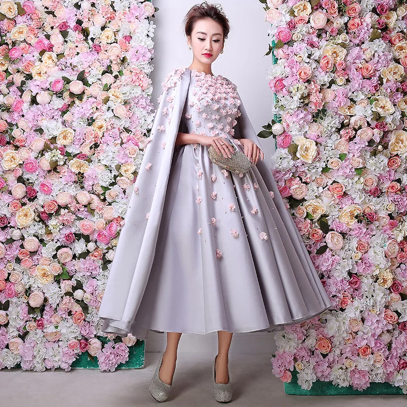 Elegant Tea-length Prom gown Pink Flowers Pearls Stunning Evening Coat Vestido de Formatura 2018 Mother of the Bride Dresses