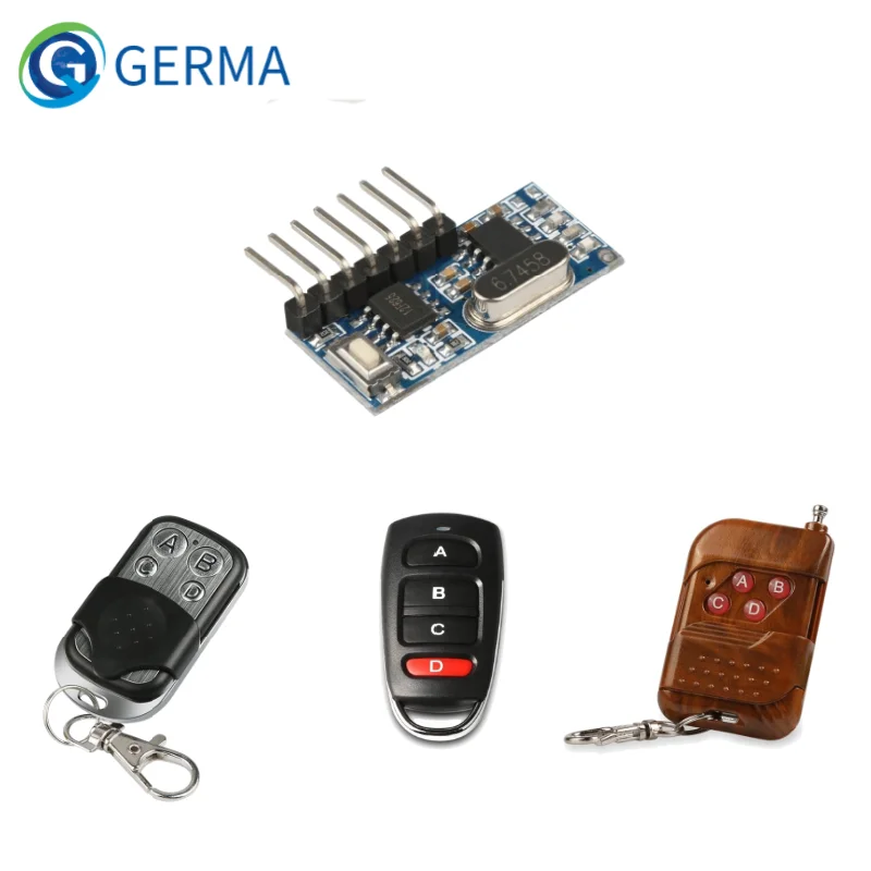 GERMA – transmetteur RF 433mhz, télécommande à 4 boutons + Module récepteur, décodage EV1527 fixe, sortie 4CH avec Kit d\'apprentissage à faire