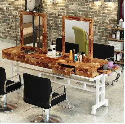 Real wood retro barber shop mirror desk hairdresser mirror salon dedicated to making old perm table floor single-sided mirror