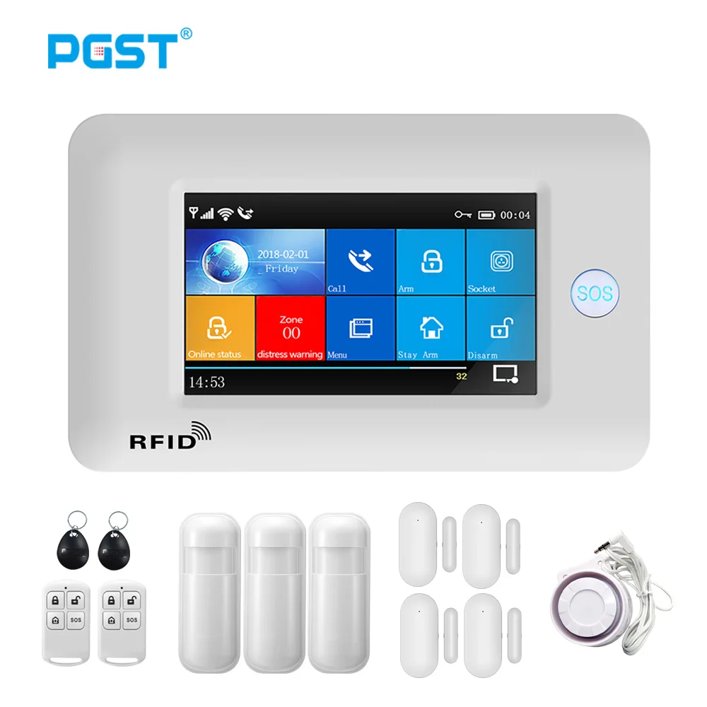 

PGST PG106 Security Alarm WiFi GSM Wireless Home With Auto Dial Motion Detector Sensor RFID Card Alarm System Kit APP Control