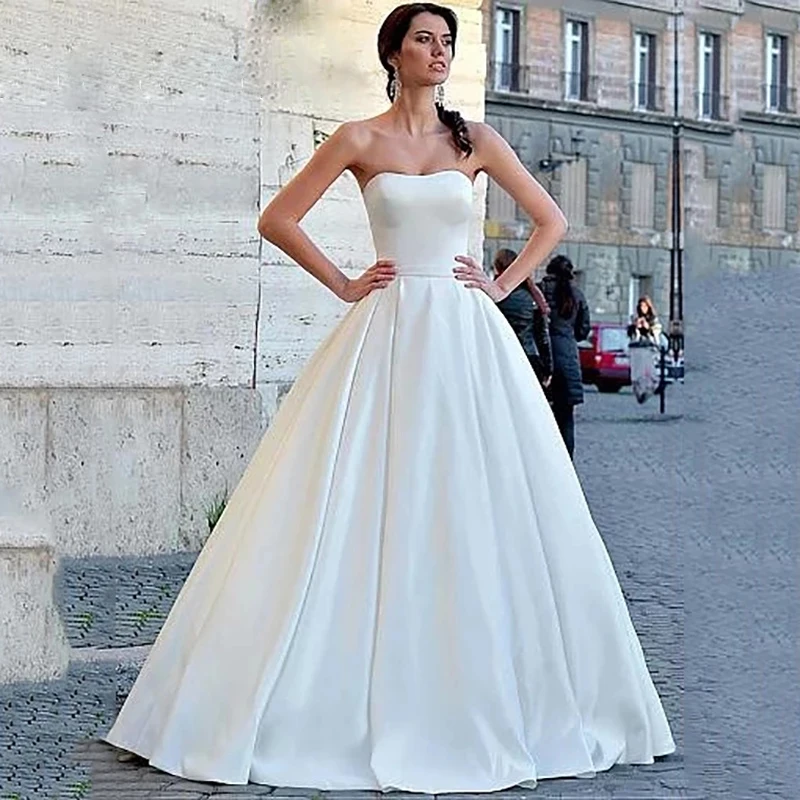 Personalizado nova chegada sem alças a linha vestido de casamento ruched vestidos de cetim até o chão vestido de noiva rendas até vestidos de noiva