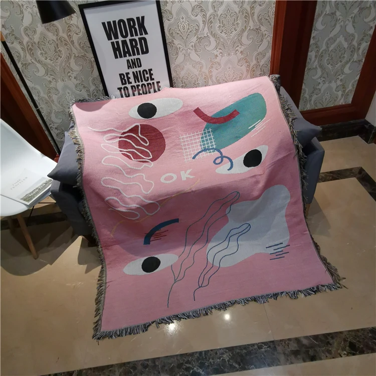 Big Eyes Abstract Sofa Throw with Tassels Pink Color Girl Home Decorative Blanket Wall Hanging Decor Bedroom Bed Sheets Mat