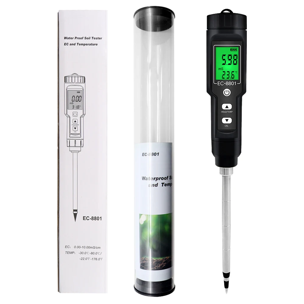 Digital EC/Temp Soil Tester 0.00~10.00mS/cm Conductivity Meter Waterproof Sensor Earth Analyzer with ATC Planting Garden Outdoor