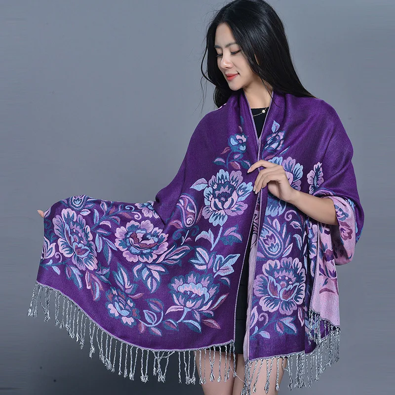 New Arrival Women Ethnic Jacquard Scarf  Flower Print Travel Bufanda Lady Air Conditioning Shawl Thickened Warm Tassel Pashmina