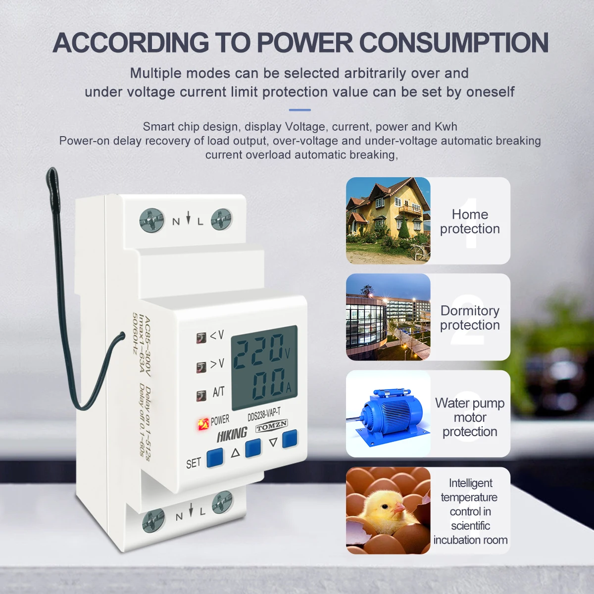 Din Rail Adjustable Over Under Voltage Protective Device Current Temperature Limit Protection Voltmeter Ammeter Kwh TOMZN