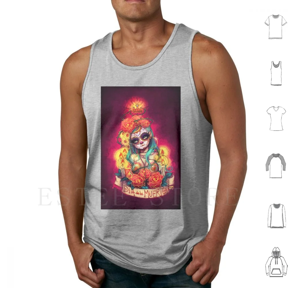 Día De Los Muertos Camisetas sin mangas Chaleco D A Dia De Los Muertos Día De Los Muertos Calavera Cráneo Rosas Espinas Velas
