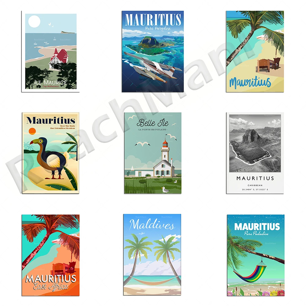 

Tropical sand sea ocean island, skyline crystal rock, Maldives islands, Mauritius island retro travel printing poster gift,