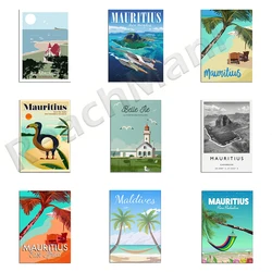 Tropical sand sea ocean island, skyline crystal rock, Maldives islands, Mauritius island retro travel printing poster gift,