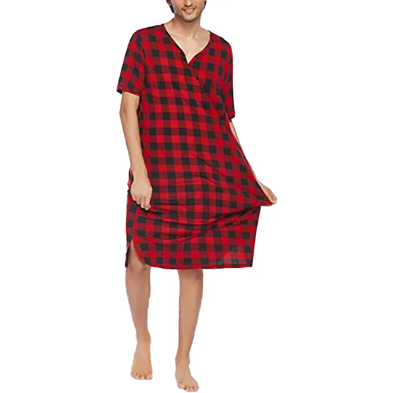 Fashion New Loose Plaid Printed Men Pajamas Short-sleeved V-neck Casual Homewear One-piece Nightdress Adult Onesie Mens Jumpsuit