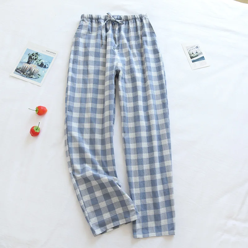 100% Cotton Comfortable Pajamas Pants For Women New Spring Autumn Couple\'s Sleepwear Loose Large Size Plaid Female Trousers