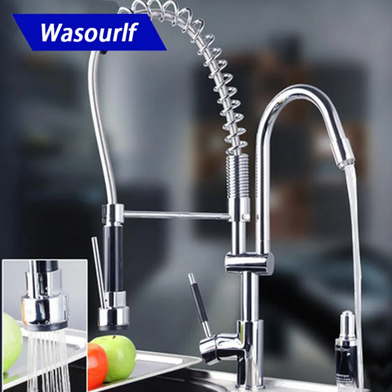 

WASOURLF Kitchen Faucet Brass Two Handle Pull Out Sink Mixer Hot and Cold Tap Two Water Spout Desk Mounted Modern Design