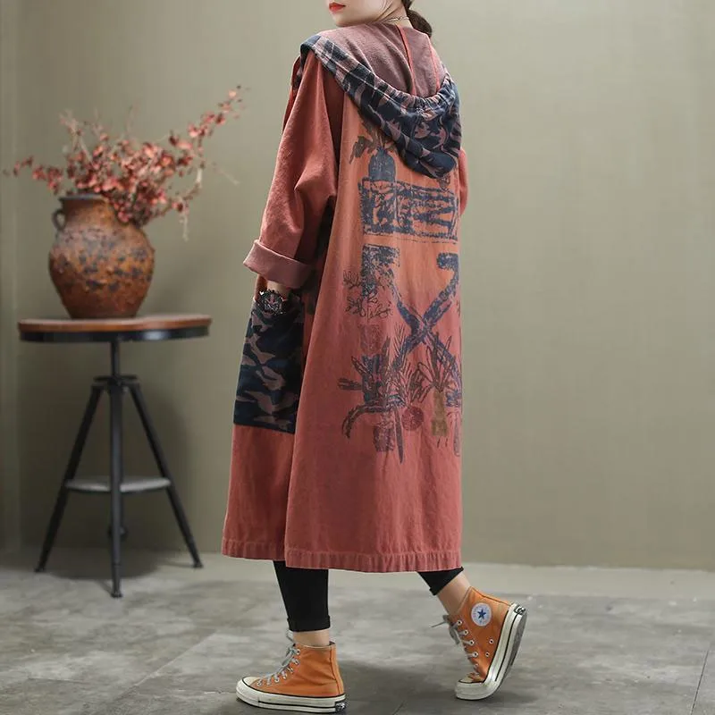 Spring Autumn New Arts Style Women Long Sleeve Loose Trench Coat Vintage Print Cotton Denim Hooded Long Coat High Quality M240