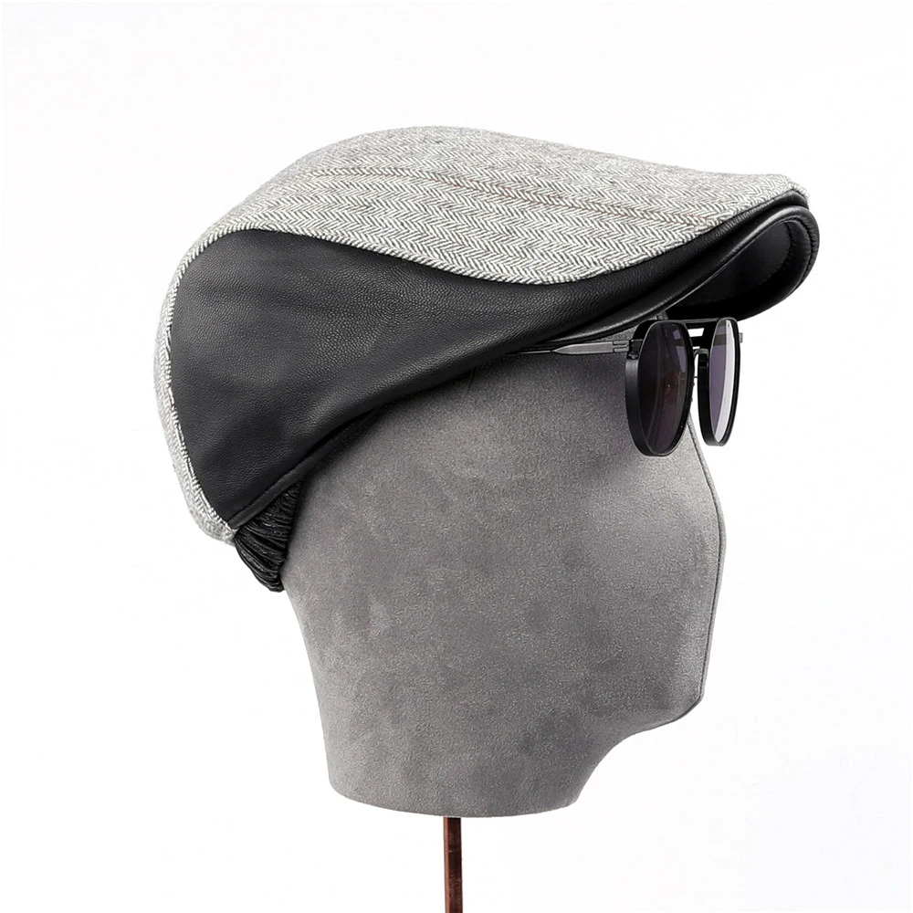 

Men's Wool Belend Cashmere Knitted Fabric Hats Newsboy Caps Patchwork Genuine Sheepskin Leather casquette peaked cap