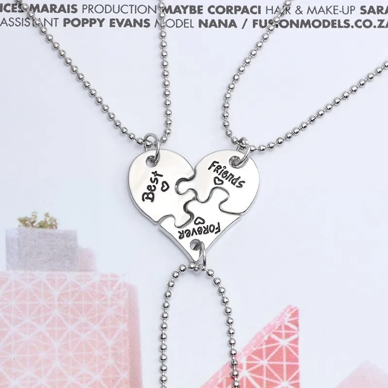 3 Pieces-set Best Friend Friendship Necklace Metal Chain BFF Heart-shaped Pendant Men And Women Fashion Jewelry Gift