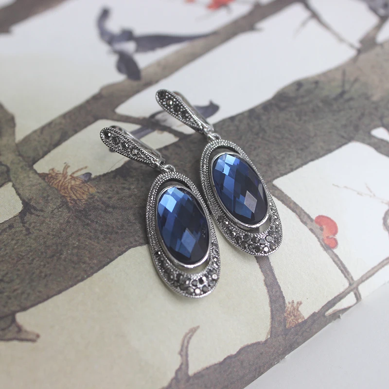 Ajojewel Oval Crystal Earrings With Blue Stone Retro Style Ear Drop Black Rhinestone Vintage Jewelry Wholesale