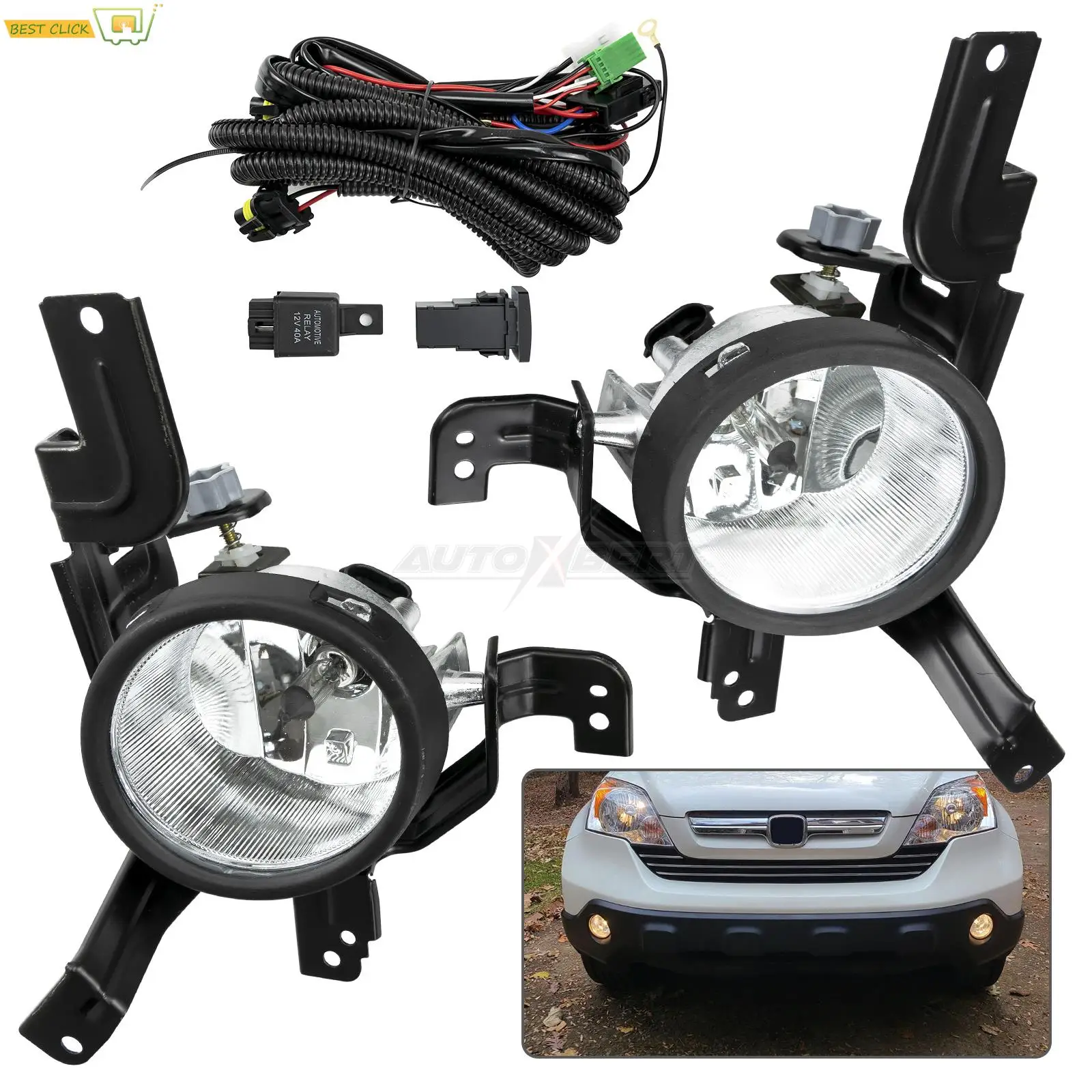 2Pcs Front Bumper Fog Light Lamp Assembly 55W For Honda CR-V 2007 2008 2009 EX / EX-L/ LX Clear Lens with Bulbs Wiring Harness