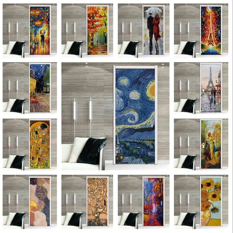 Oil Painting Door Sticker 3D Self-Adhesive Wallpaper For Porch Living Room Decoration Mural Interior Doors Cover Home Design Art