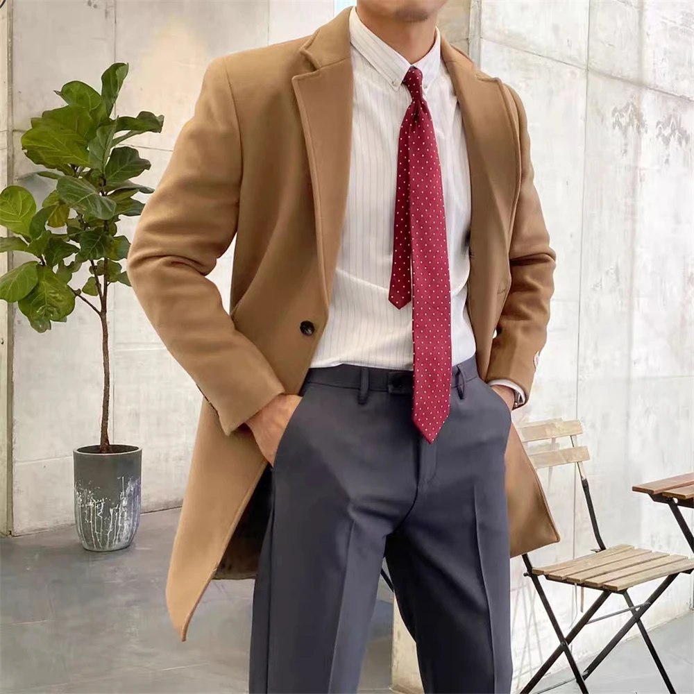 Camel Warm Woolen Mens Long Coat Jacket Custom Made Thick Wedding Tailored Party Prom Business Blazer Only One Piece Suit