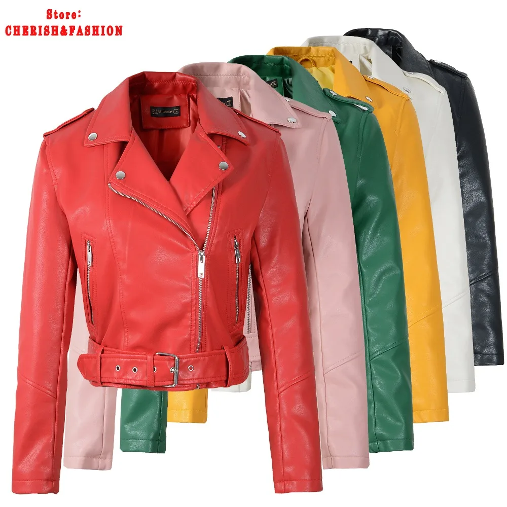 Hot New autunno inverno donna moto ecopelle PU pelle rosso rosa giacche Lady Biker capispalla cappotto con cintura vendita calda 6 colori