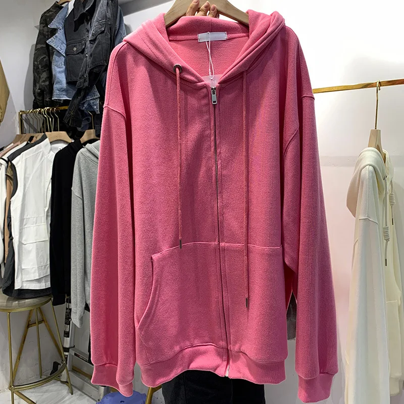 Zip-up Women Korean Style hoodies Vintage Solid Color Long Sleeve Oversized Hooded Sweatshirt Lady Women Casual Coats NS4664