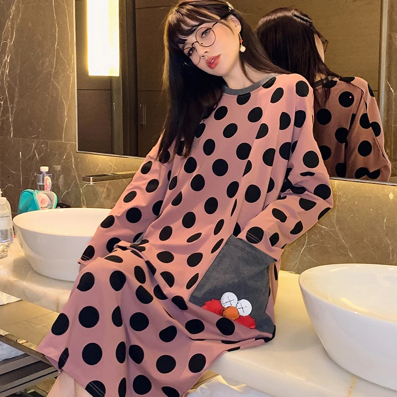 Nightdress Ladies Long Sleeve Cotton Homewear Casual Korean Nightgown Polka Dot Simple Yukata Sexy Underwear Pregnant Women