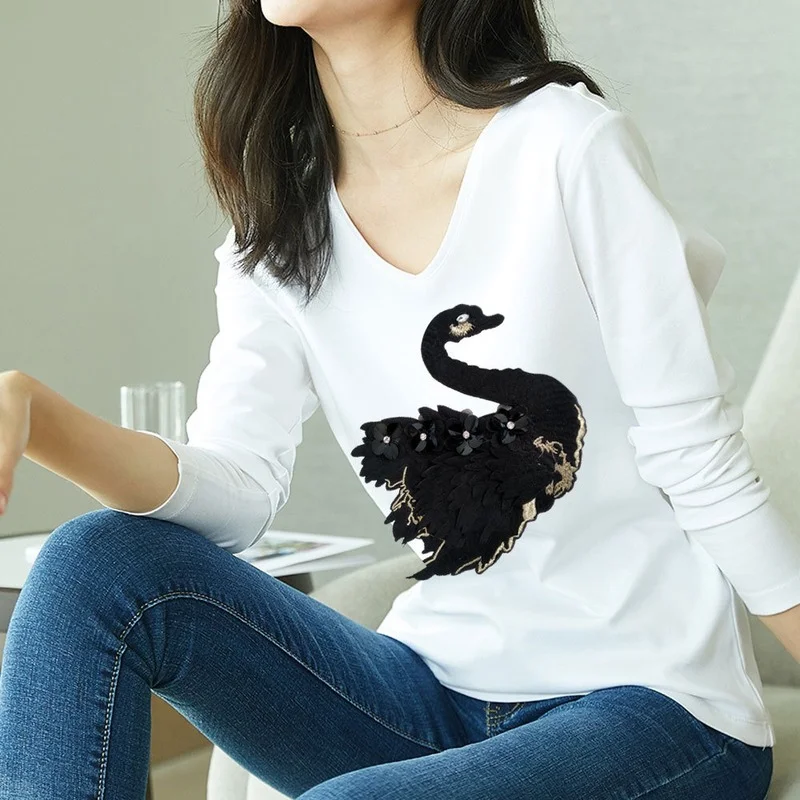 2021 Summer Women Casual Embroidered T Shirts 3D Black Swan Beading Full Sleeve Tees Feminino Woman Solid Leisure T-shirt Tops