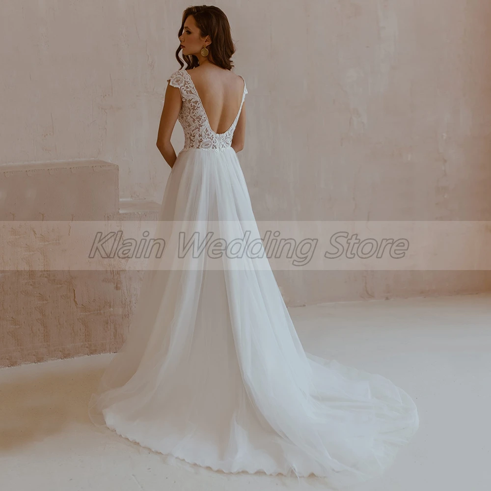 Elegante lado fenda tule renda vestidos de casamento sexy com decote em v apliques boné manga sem costas varredura trem branco vestidos de noiva