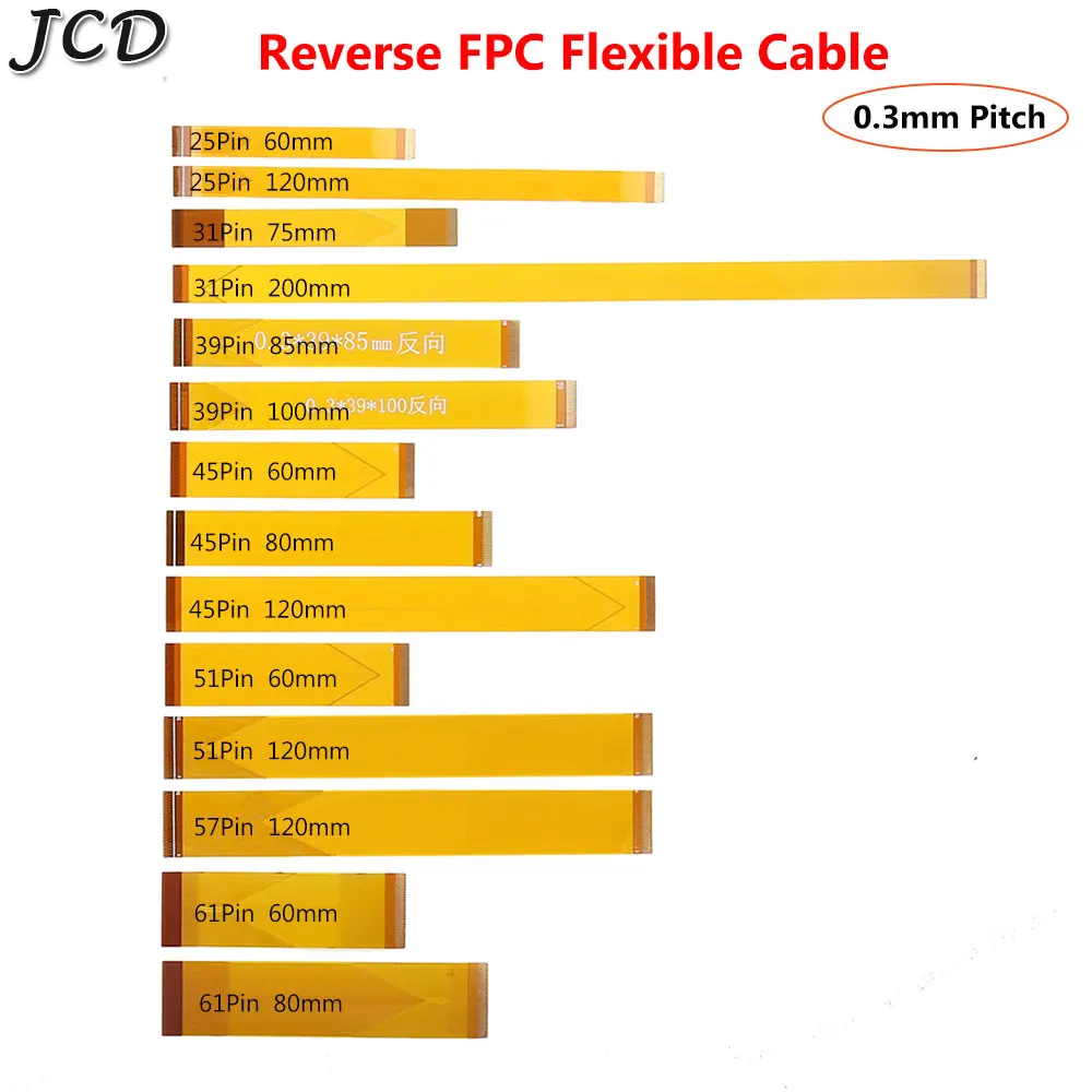 JCD 1PCS Reverse Direction FFC FPC Flexible Flat Cable Pitch 25 31 39 45 51 57 61 Pin Pitch 0.3mm length 60mm 100mm 120mm 200mm