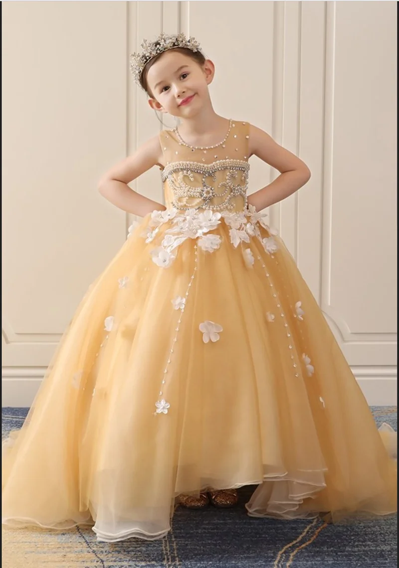 Yellowe Bloem Meisjes Jurken Voor Bruiloft Tulle Bead Lange Meisje Dress Party Kerst Jurk Kinderen Prinses Kostuum Voor Kinderen 12T