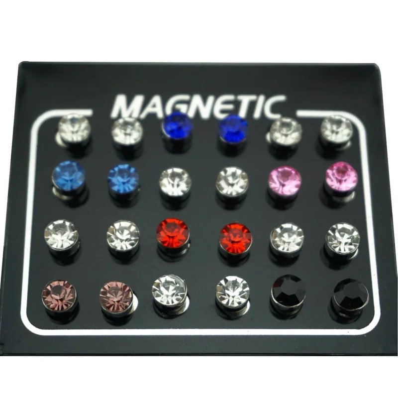 12 Pair/lot 3/4/5/6/7mm Round Crystal Rhinestone Magnet Stud Earring Puck Women Mens Magnetic Fake Ear Plug Jewelry