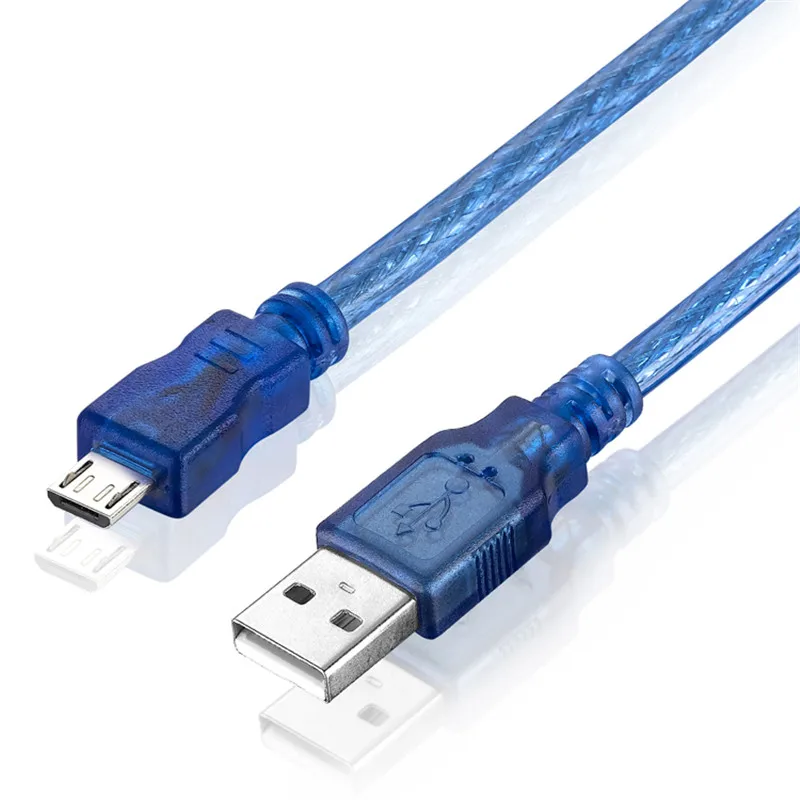 Micro USB 2.0 USB-A to Micro-B แบบ Dual ถักฟอยล์โปร่งใสสีฟ้า 0.3m 0.5m 1.0m 1.5m 3m 5m