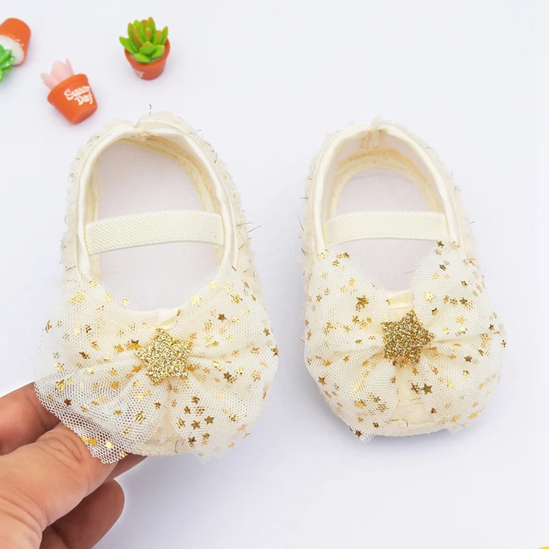 Sweet and Charming Princess Shoes for Baby Girls - Spring Autumn Soft Sole Crib Shoes with Star Net Yarn Bowknot for 0-9 Months