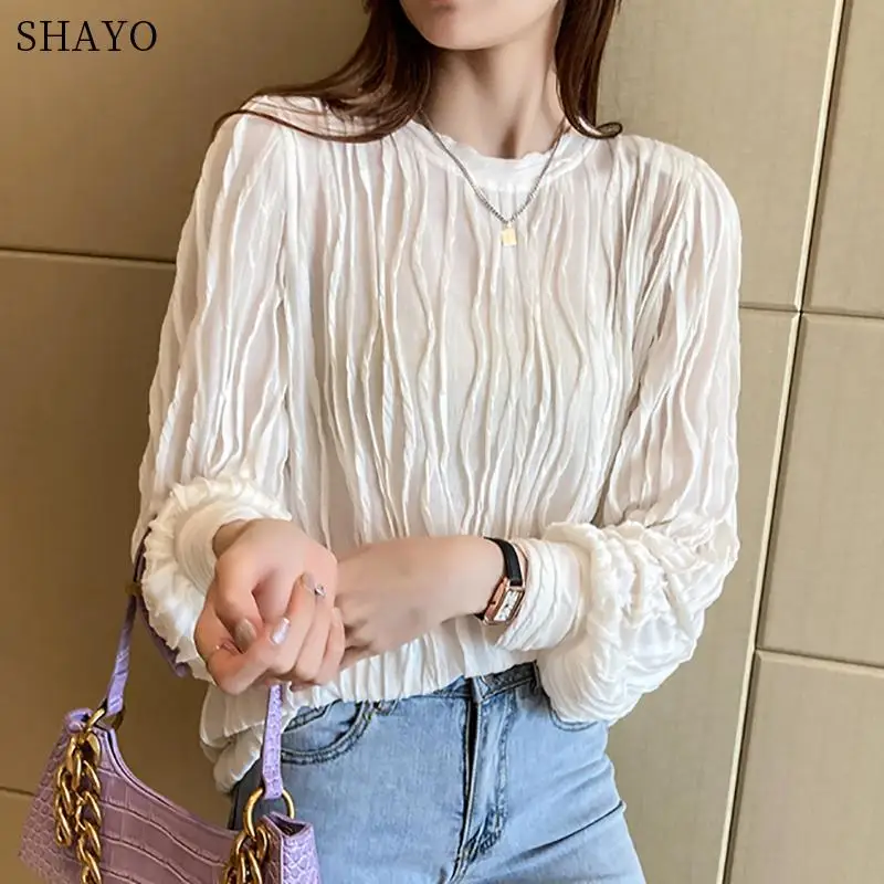 Folds White Blouse Stand Vintage Pullover Shirt Women Korean Clothes 2021 Spring Long Sleeve Woman Shirts Tops Chemisier Femme