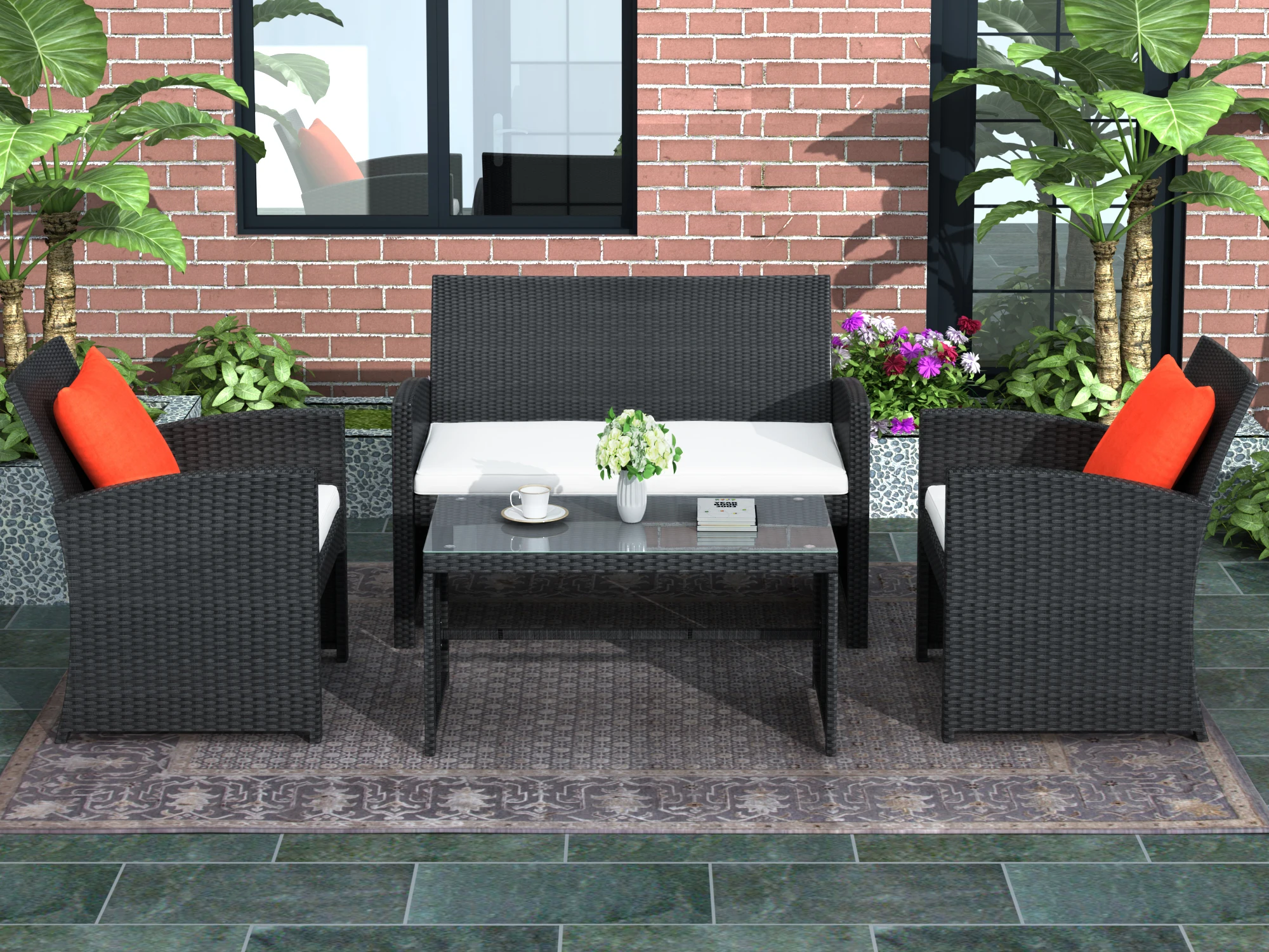 4Pcs Outdoor Patio Furniture Set All-Weather Rattan Loveseat&Armchairs&Table w/ Cushion for Garden Lawn&Backyard Black[US-Depot]