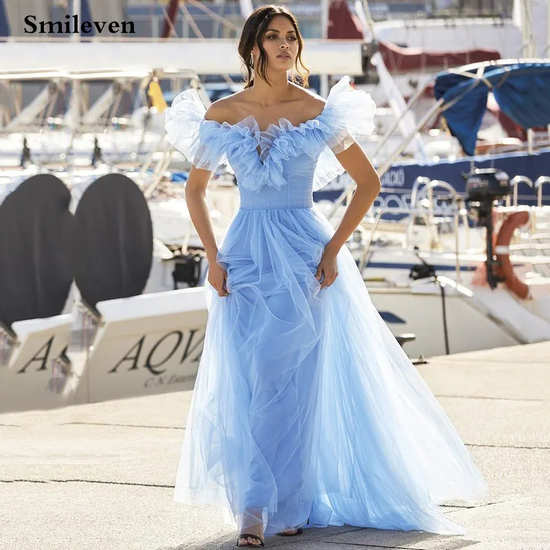 

Smileven Baby Blue Off Shoulder Prom Dresses Sweetheart Puff Tulle Prom Gowns Bow Belt A-Line Long Wedding Party Dresses