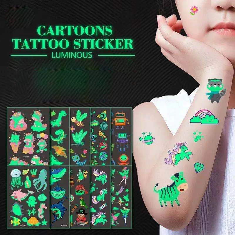 Children Cartoon Tattoo Stickers  Luminous Temporary Waterproof Body Art Face Dinosaur Pirate Unicorn Mermaid Cute Color Gift