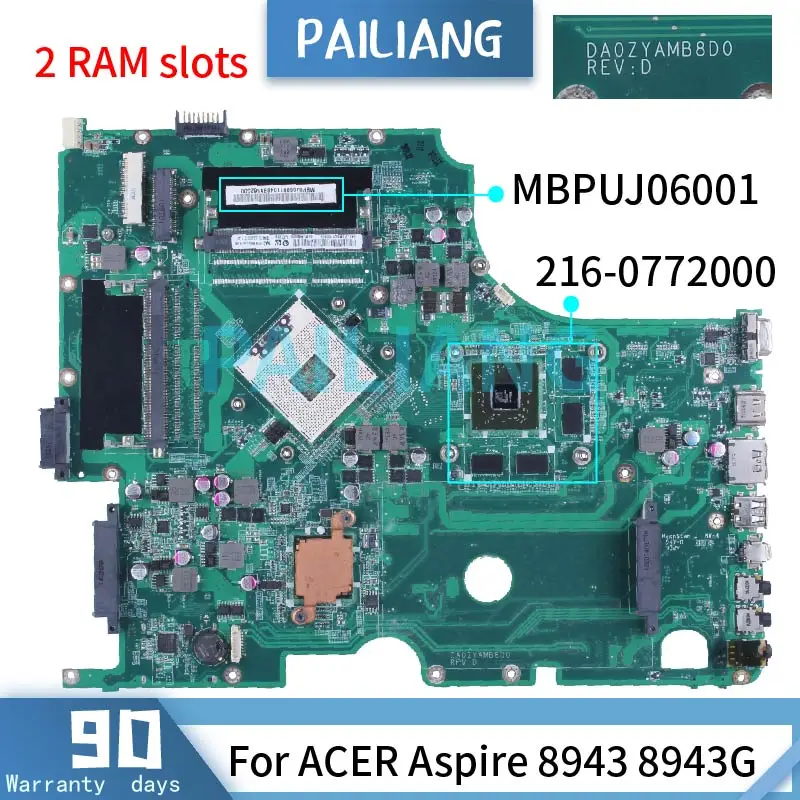 For ACER Aspire 8943 8943G Laptop motherboard MBPUJ06001 DA0ZYAMB8D0 216-0772000 DDR3 Notebook Mainboard Full Tested