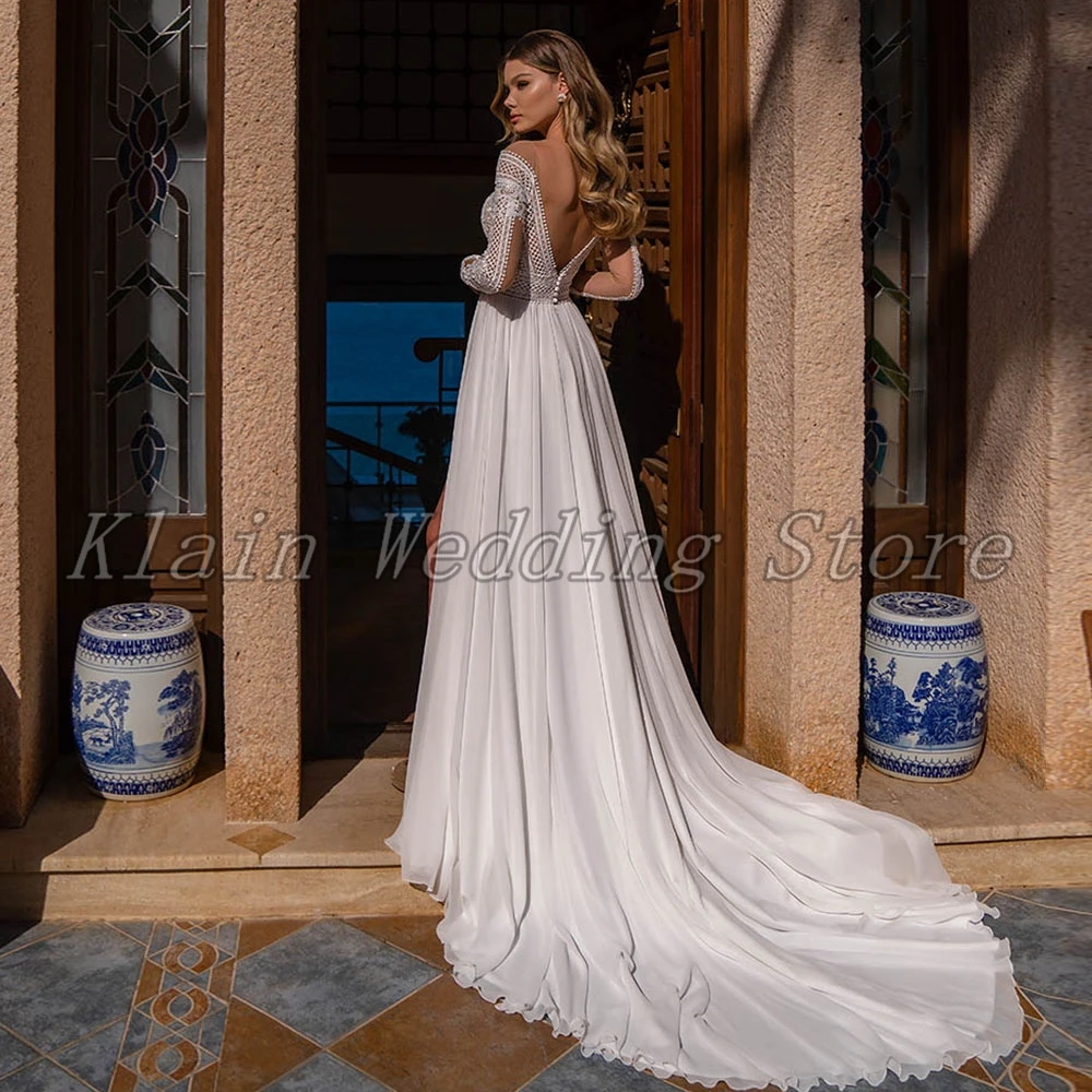 Charming Strand Chiffon Seite Slit Sweep Zug Hochzeit Kleid 2021 Sexy Sheer V-ausschnitt Spitze Langarm Brautkleider