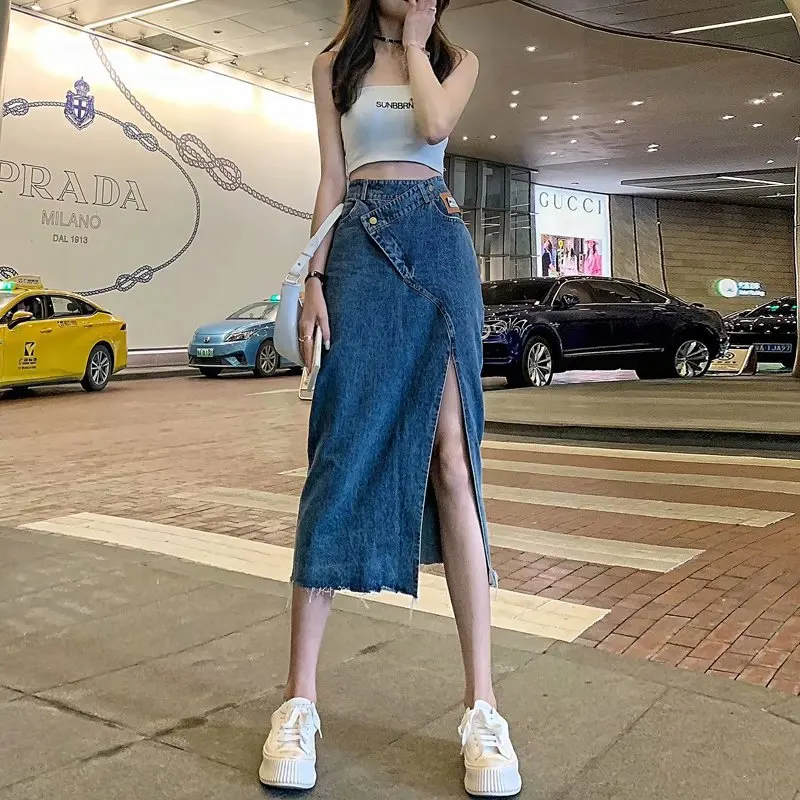 Women's Retro High-Quality Irregular Split Denim Skirt 2021 Summer New Women's High-Waisted Slim Long A-Line Bag Hip Denim Skirt