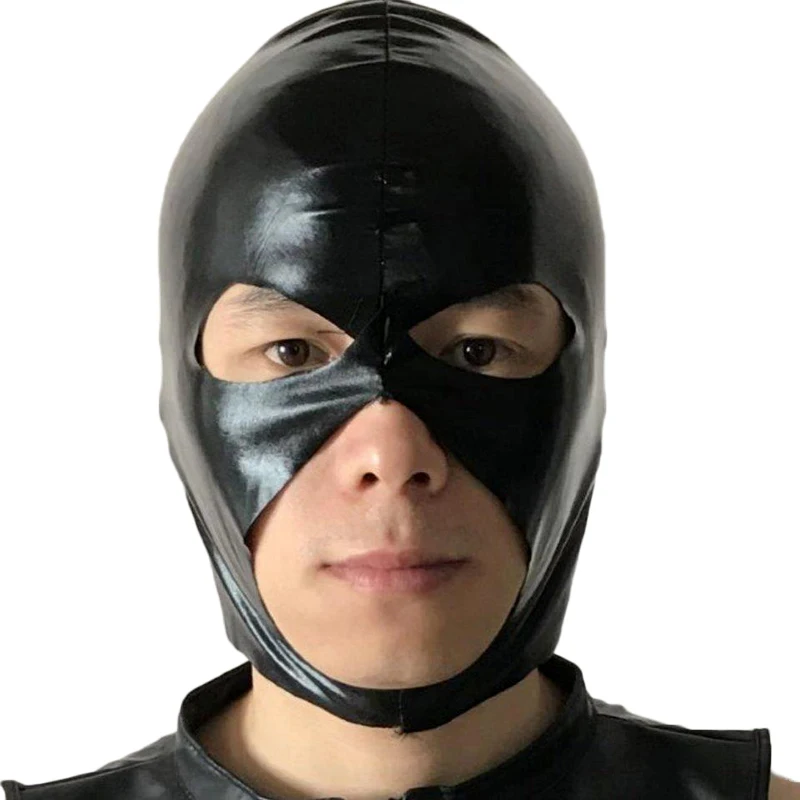 PVC Black Mask Full Head Hood Cosplay Costume Party 3 Holes Artificial Leather Hot Wet Look Spandex