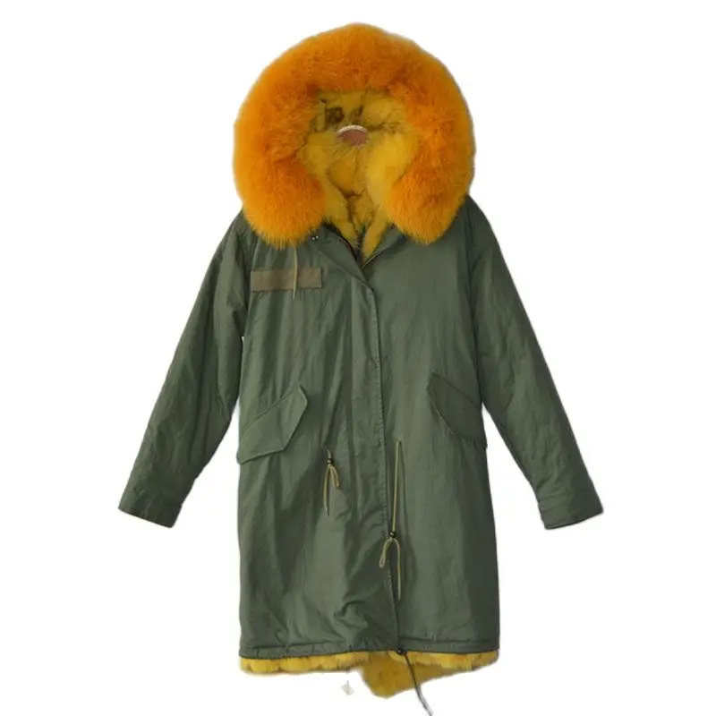 

Yellow Fully Fox Fur Thick Mr&Mrs Wear Natural Fox Fur Long Style Winter Army Green Parka