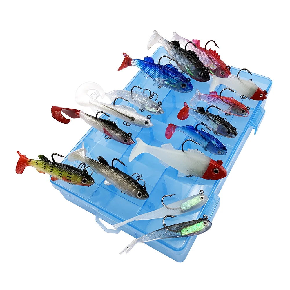 15pcs/lot Sink Fish Soft Bait Set Fishing Lure Kit Wobblers Jig Head Silicone Swimbait Lifelike Sea Bass Carp pike Pesca in box