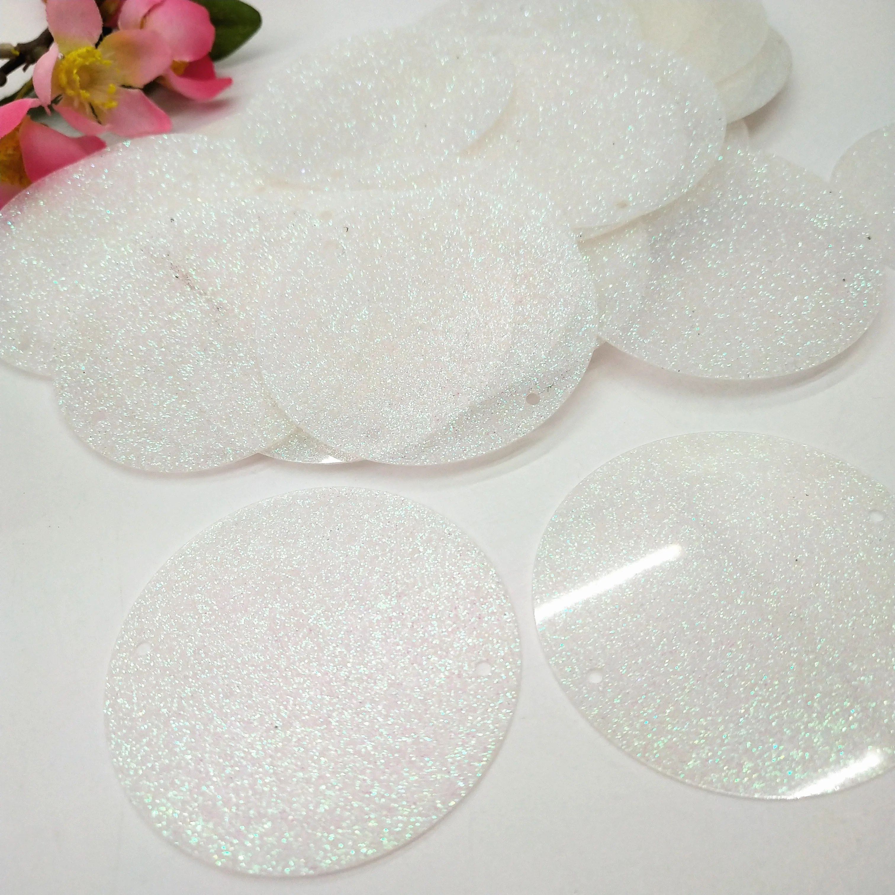 50g Large Round Sequins 50mm PVC Flat Sequins For Crafts Wedding Decoration 2 Side Holes Glitter White