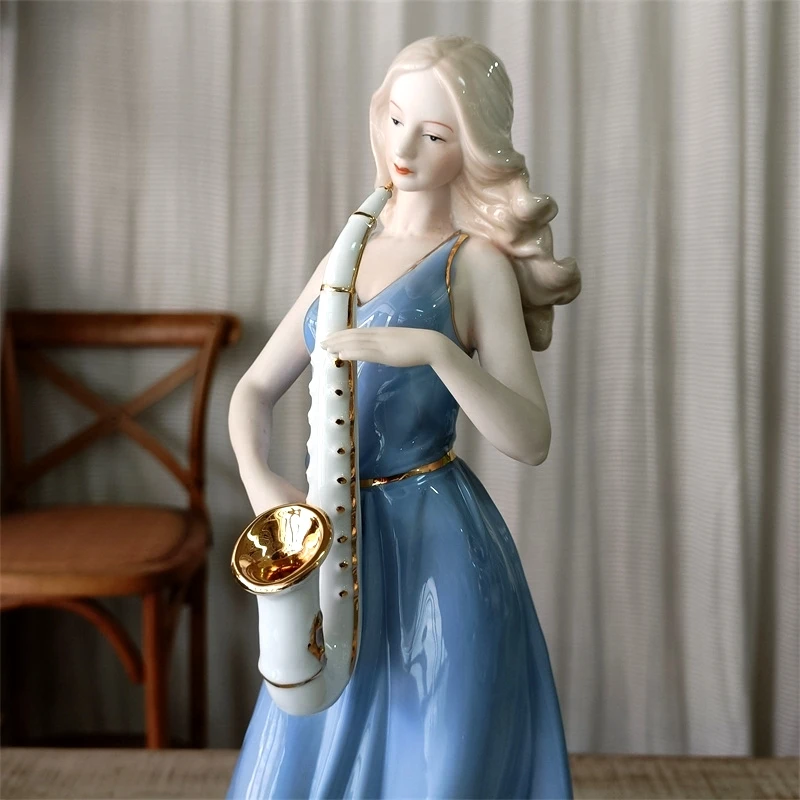 الخزف اليدوية ساكست بوسكير تمثال ، السيراميك حانة الساكسفون ، لاعب فتاة مصغرة ، زخرفة الموسيقار ، ديكور الغرفة ، هدية الحرفية #6