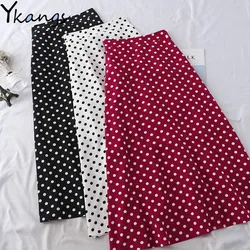 Summer Casual Chiffon Print Dot-print Skirt Female High Waist Midi Pleated Skirt Womens Black White Red Long Skirts Streetwear
