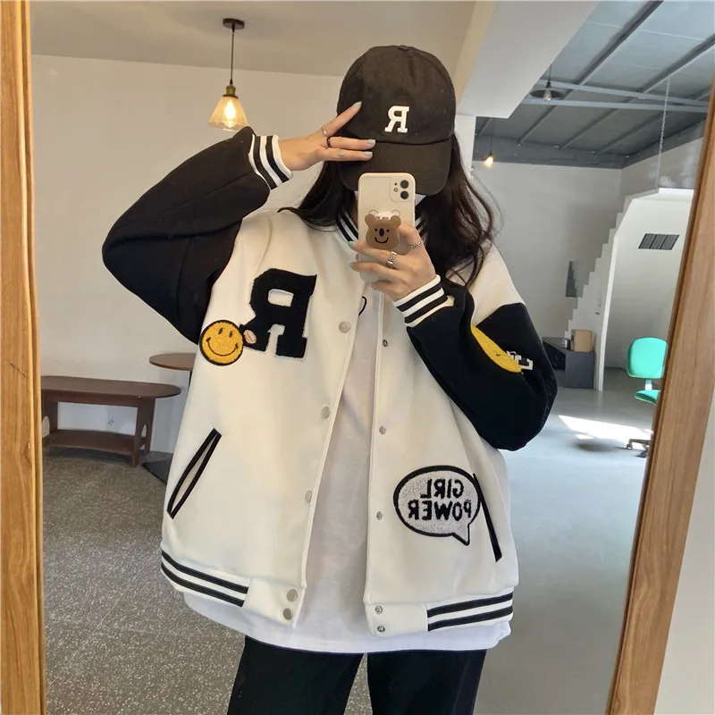 

New Autumn Vintage Street Women Jacket Funny Smiling Baseball Uniform Jaqueta Feminina Oversized Woolen Flocking Overcoat Mujer